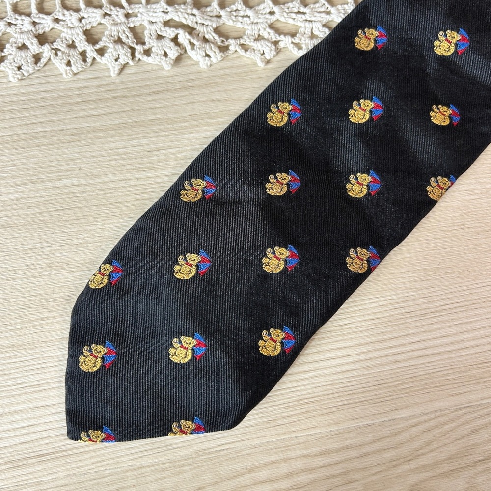 Vintage Hugh Parsons Silk Teddy‎ Bear Tie Hand Made in England Black
